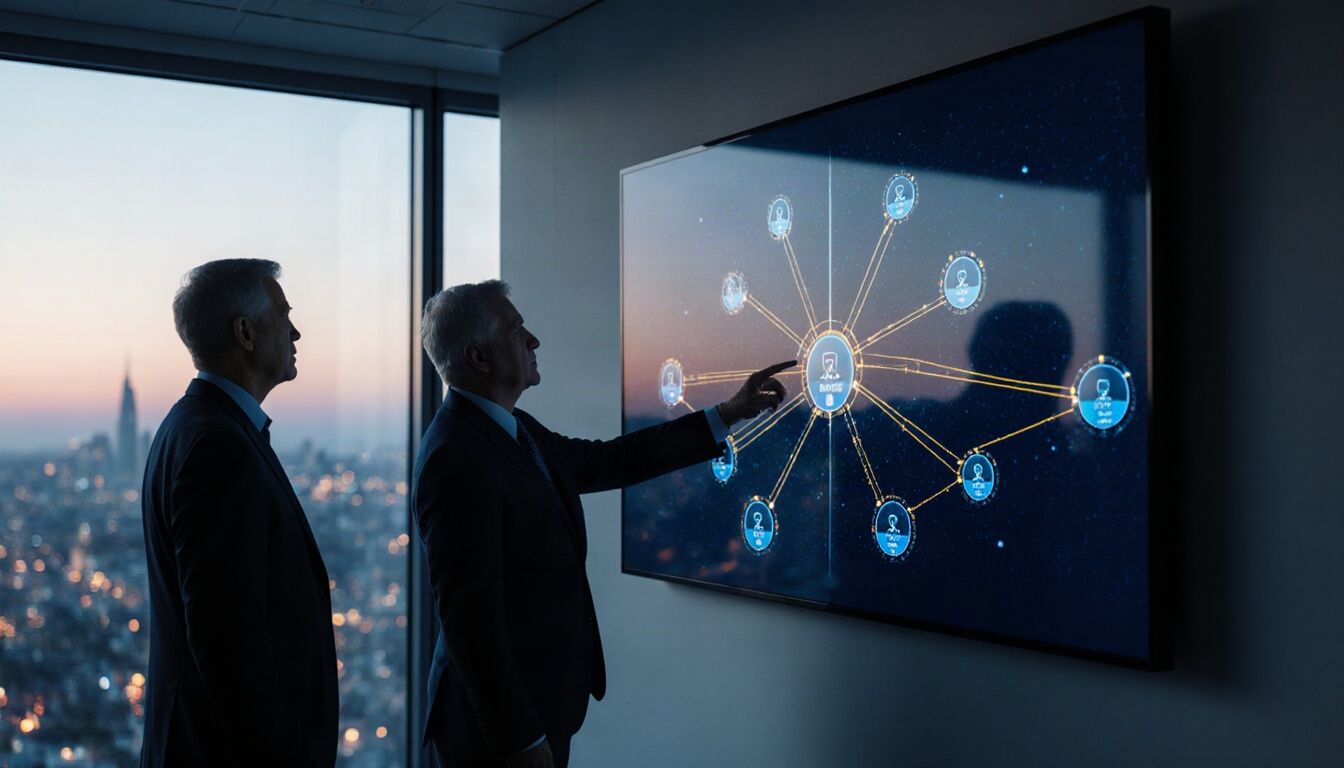 An executive and an IT architect reviewing a large wall display of a secure network map in a glass walled office at dusk