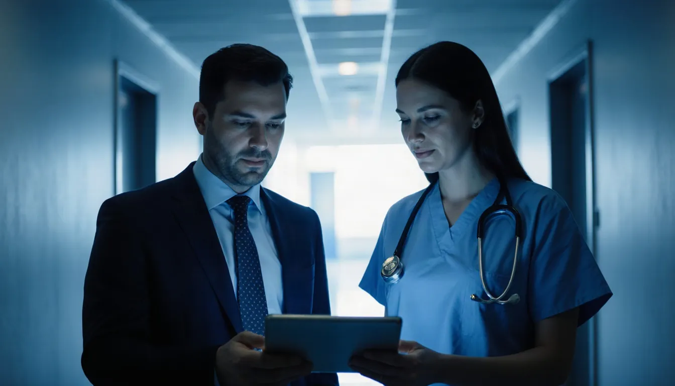 A hospital IT director and a clinician reviewing a tablet together in a hospital corridor